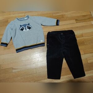 Carrement Beau Gray and Black Baby Sweater and Corduroy Pants Set / 9-12 Months